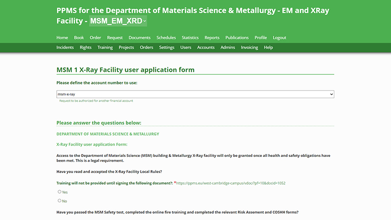 X-ray user application form screen