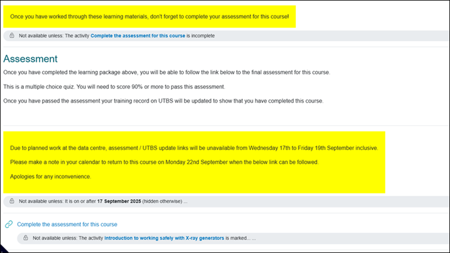 Screenshot of the final screen of the Online: Introduction to Working Safely with X-ray Generators course showing prompt for the user to update their UTBS record following completion of the course.