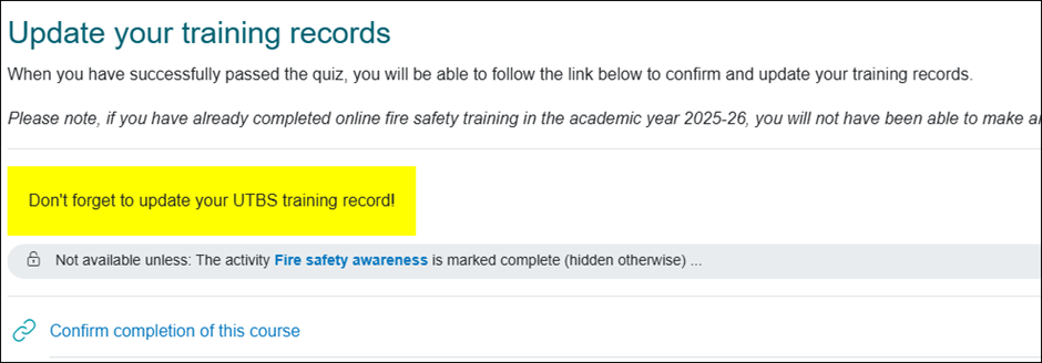 Screen shot of reminder to update your UTBS record at the end of the online fire safety training course