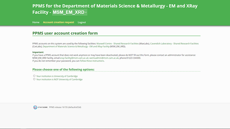 PPMS user account creation form screen